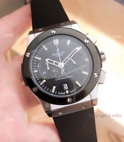 New Replica Hublot Classic Fusion Chrono Watches Black Bezel Black Rubber Band